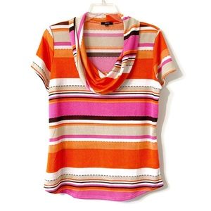 S Point Striped Cowl Neck Short Sleeve Top